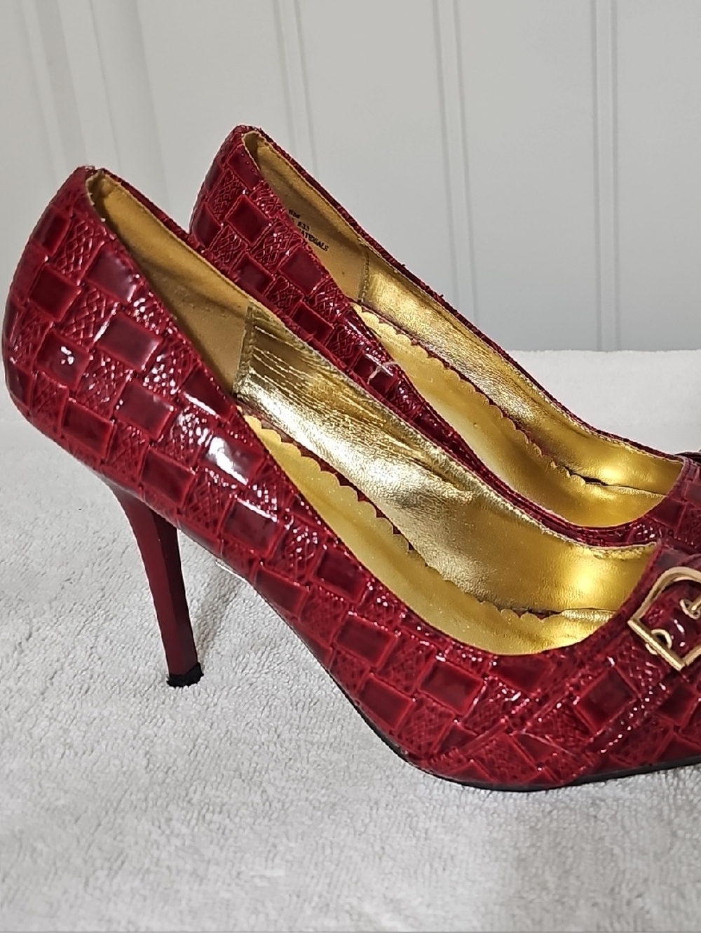 Pierre Dumas Red Croc-Embossed Pointed Toe Heels with Gold Interior